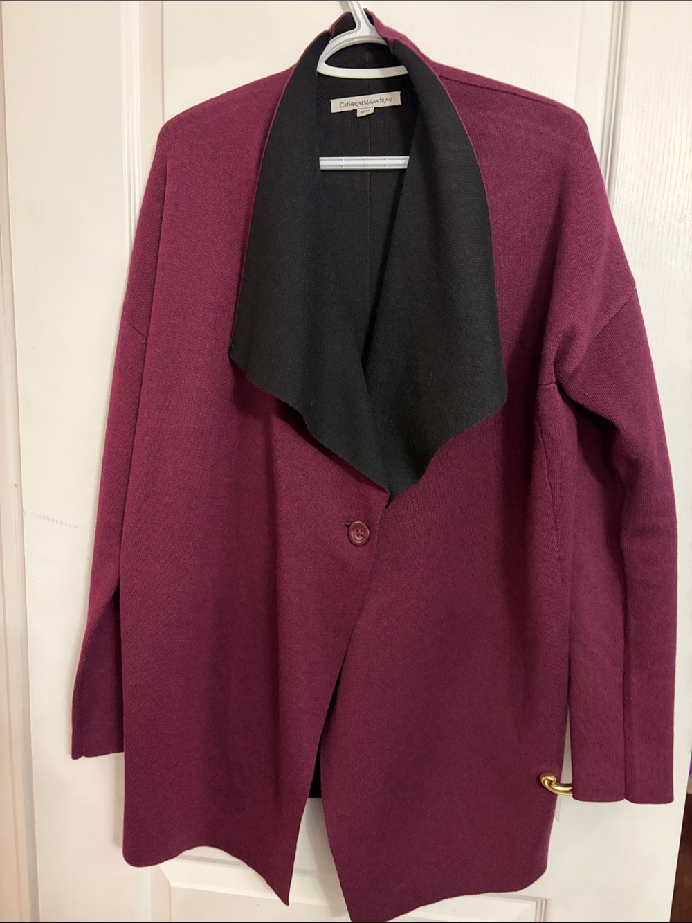 Catherine Malandrino Burgundy one button Sweater with Black Shawl Collar